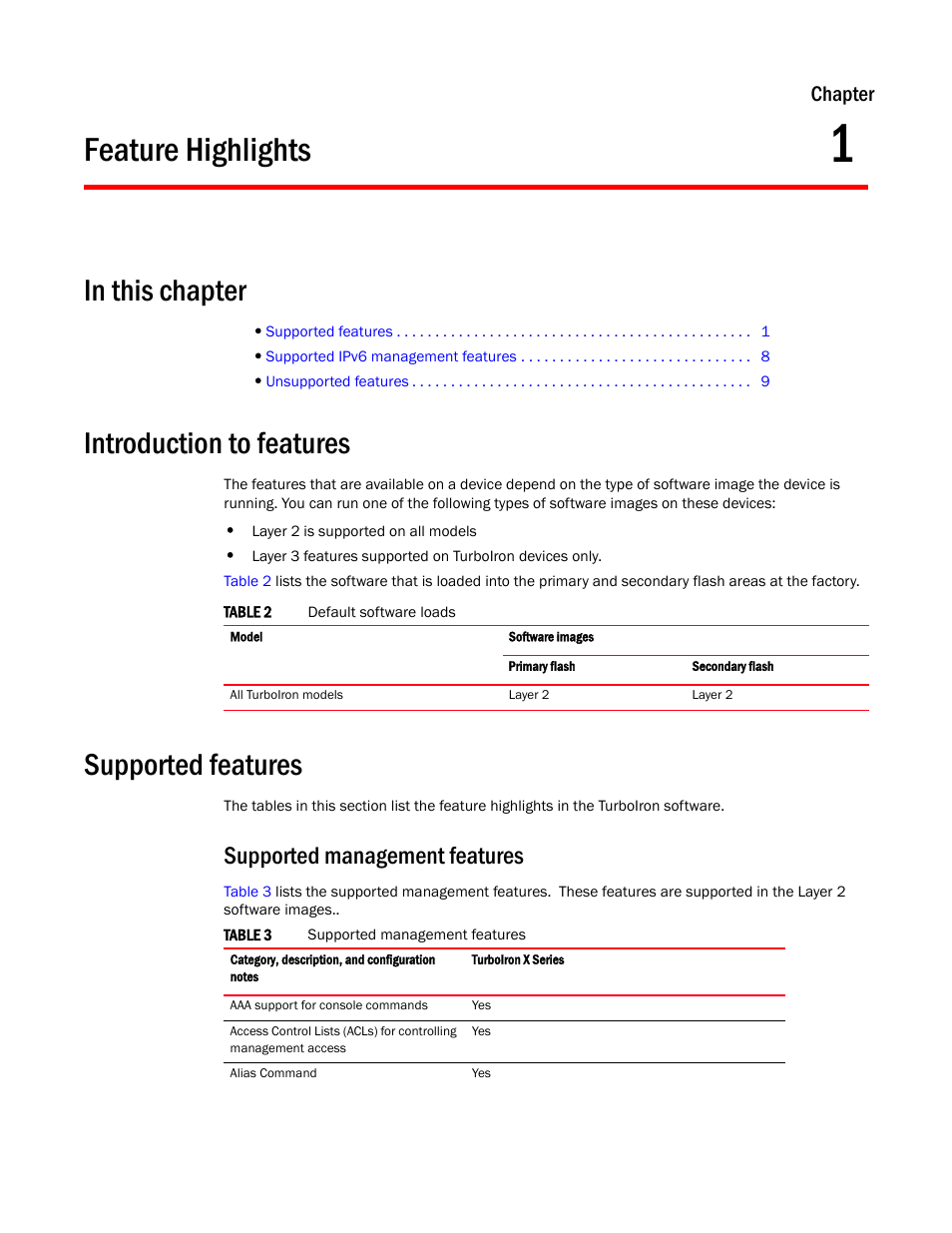 Feature highlights, Introduction to features, Supported features | Supported management features, Chapter 1, Chapter | Brocade TurboIron 24X Series Configuration Guide User Manual | Page 35 / 1116