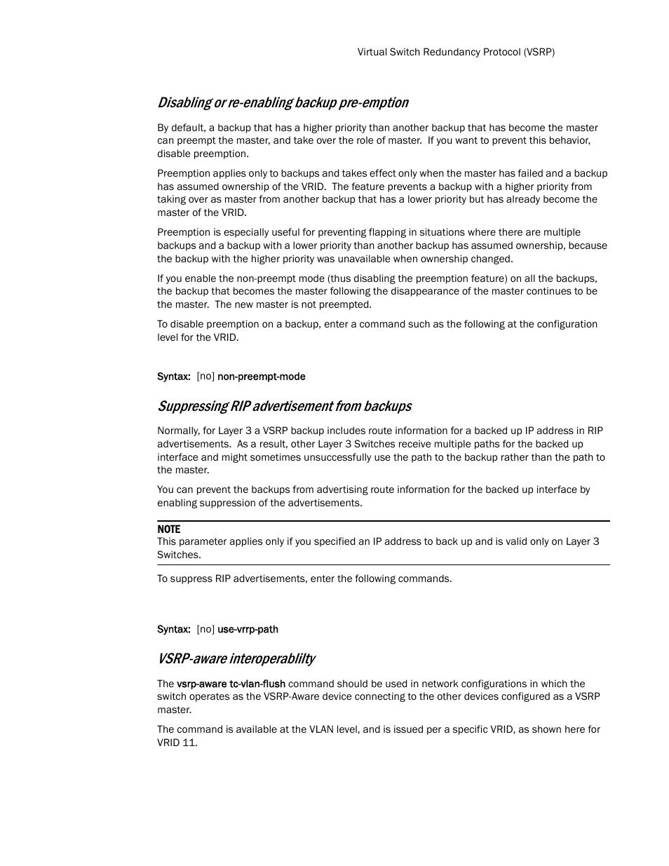 Disabling or re-enabling backup pre-emption, Suppressing rip advertisement from backups, Vsrp-aware interoperablilty | Brocade TurboIron 24X Series Configuration Guide User Manual | Page 351 / 1116