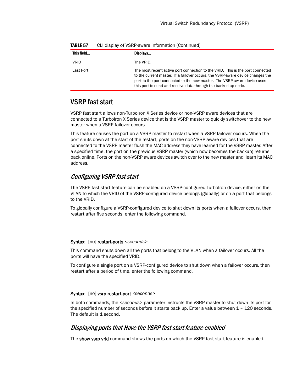 Vsrp fast start, Configuring vsrp fast start | Brocade TurboIron 24X Series Configuration Guide User Manual | Page 355 / 1116