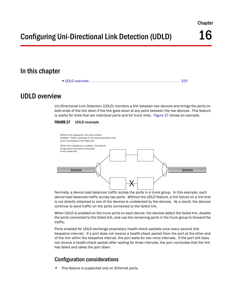 Configuring uni-directional link detection (udld), Udld overview, Configuration considerations | Chapter 16 | Brocade TurboIron 24X Series Configuration Guide User Manual | Page 359 / 1116
