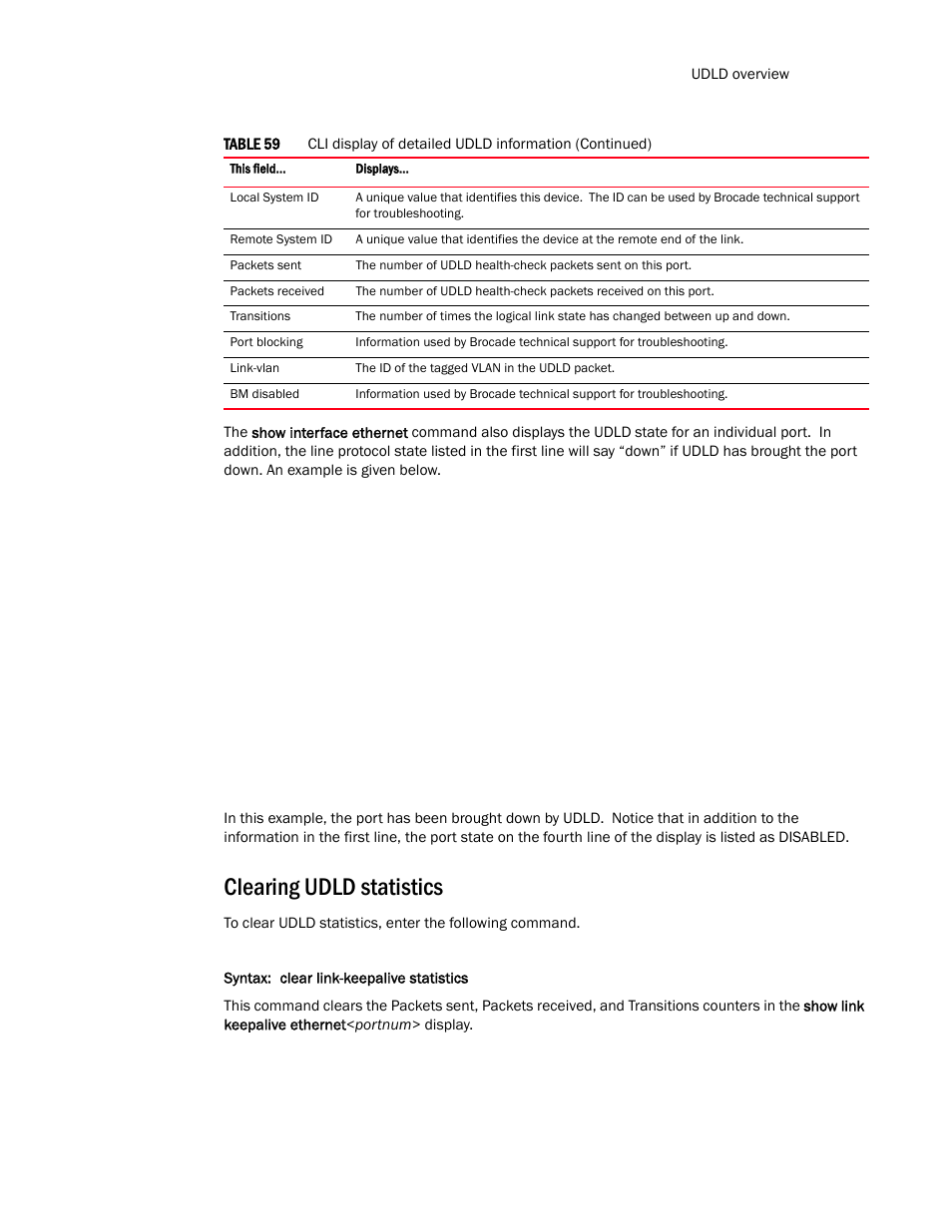 Clearing udld statistics | Brocade TurboIron 24X Series Configuration Guide User Manual | Page 363 / 1116