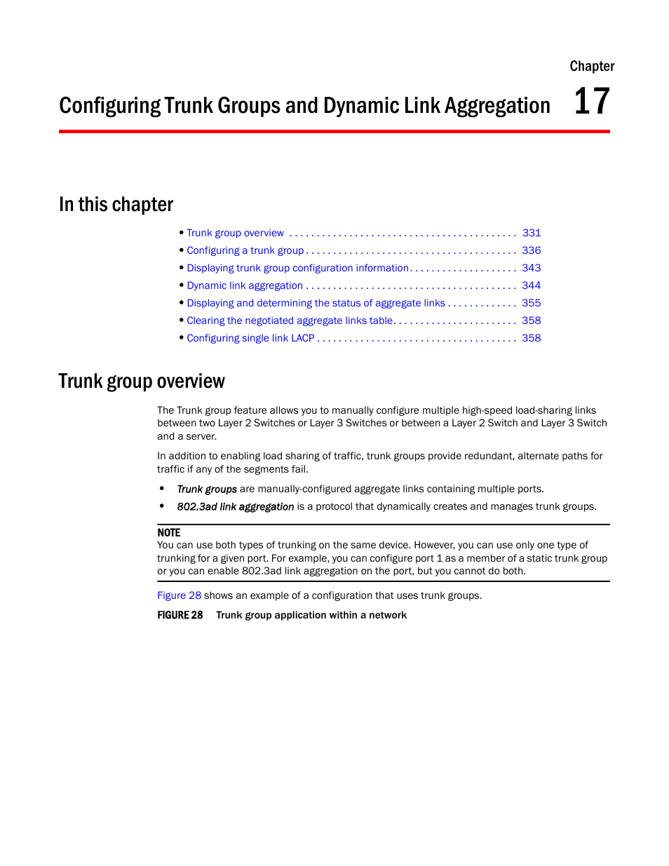 Trunk group overview, Chapter 17 | Brocade TurboIron 24X Series Configuration Guide User Manual | Page 365 / 1116