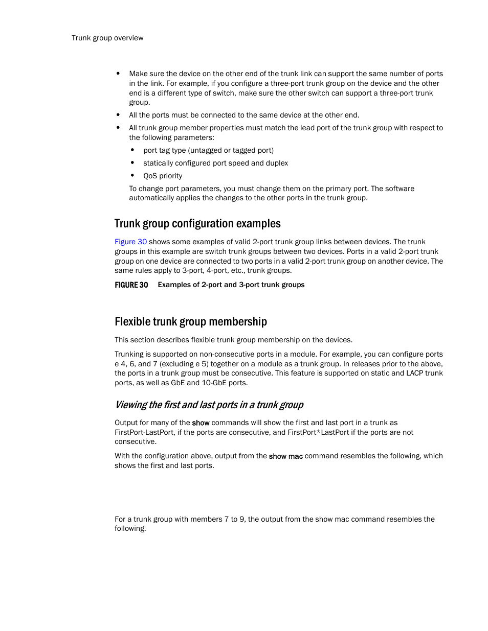 Trunk group configuration examples, Flexible trunk group membership, Flexible trunk group | Membership, Viewing the first and last ports in a trunk group | Brocade TurboIron 24X Series Configuration Guide User Manual | Page 368 / 1116