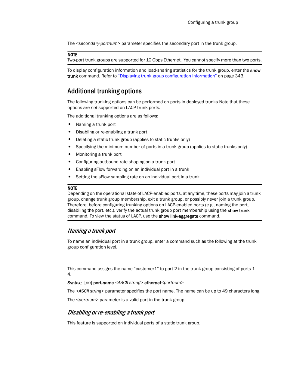 Additional trunking options, Naming a trunk port, Disabling or re-enabling a trunk port | Brocade TurboIron 24X Series Configuration Guide User Manual | Page 373 / 1116