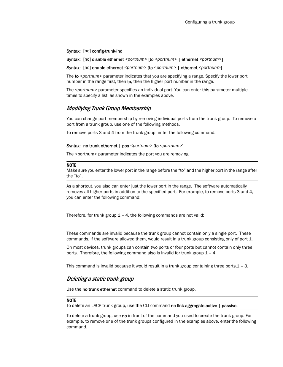Modifying trunk group membership, Deleting a static trunk group | Brocade TurboIron 24X Series Configuration Guide User Manual | Page 375 / 1116