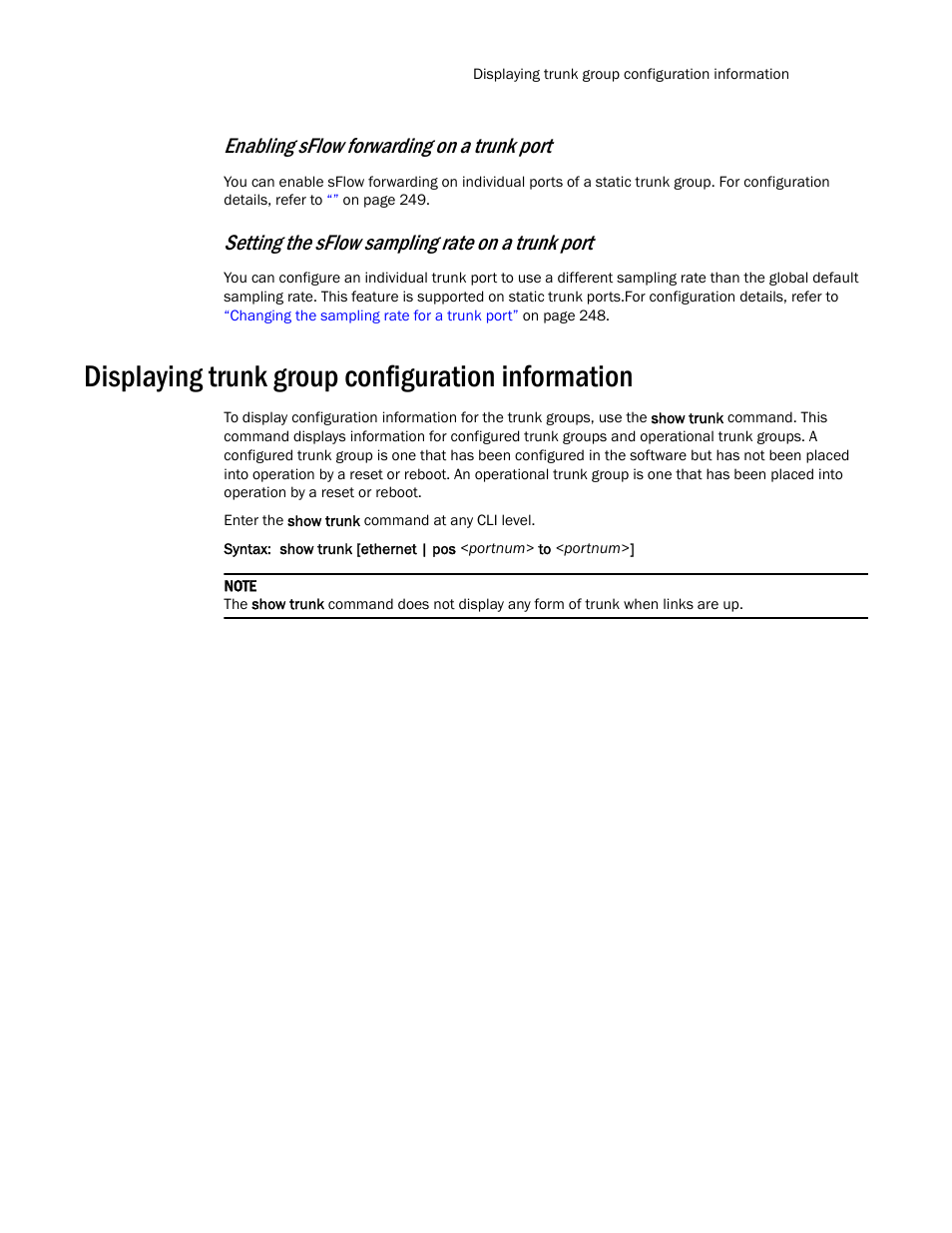Displaying trunk group configuration information, Enabling sflow forwarding on a trunk port, Setting the sflow sampling rate on a trunk port | Brocade TurboIron 24X Series Configuration Guide User Manual | Page 377 / 1116