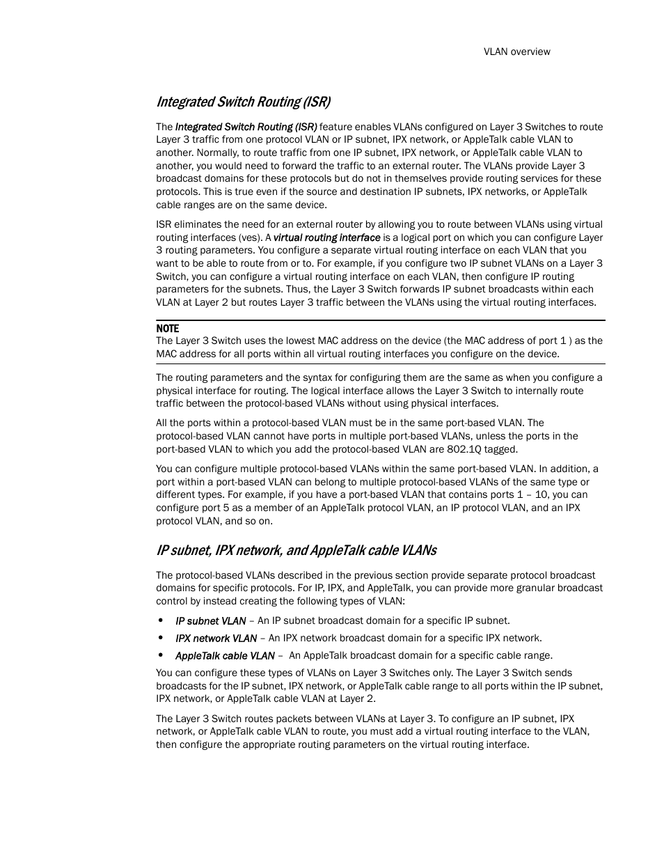 Integrated switch routing (isr), Ip subnet, ipx network, and appletalk cable vlans | Brocade TurboIron 24X Series Configuration Guide User Manual | Page 399 / 1116
