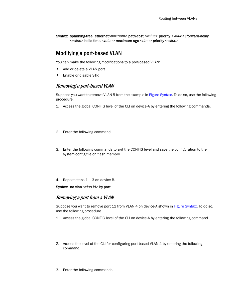 Modifying a port-based vlan, Removing a port-based vlan, Removing a port from a vlan | Brocade TurboIron 24X Series Configuration Guide User Manual | Page 415 / 1116