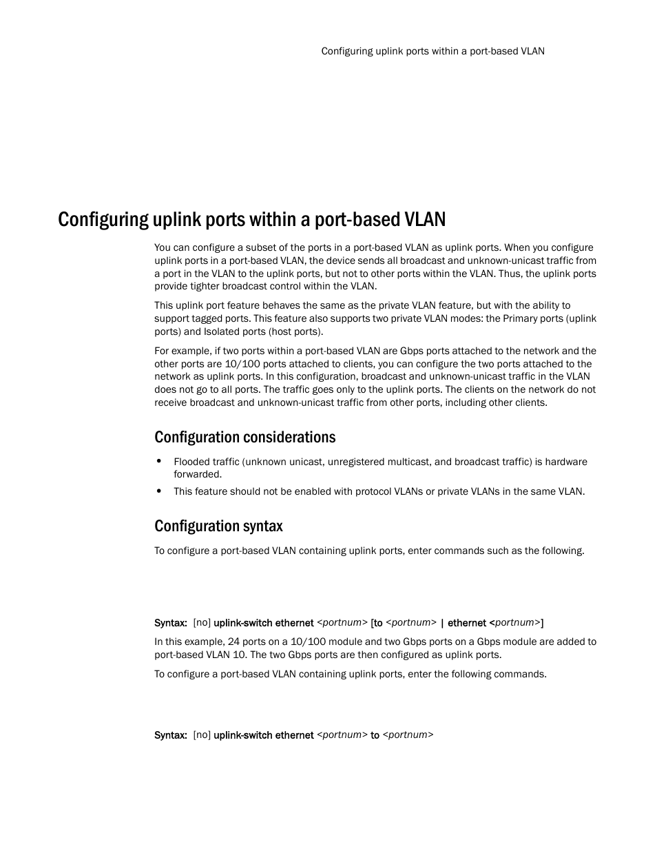 Configuring uplink ports within a port-based vlan, Configuration considerations, Configuration syntax | Brocade TurboIron 24X Series Configuration Guide User Manual | Page 425 / 1116