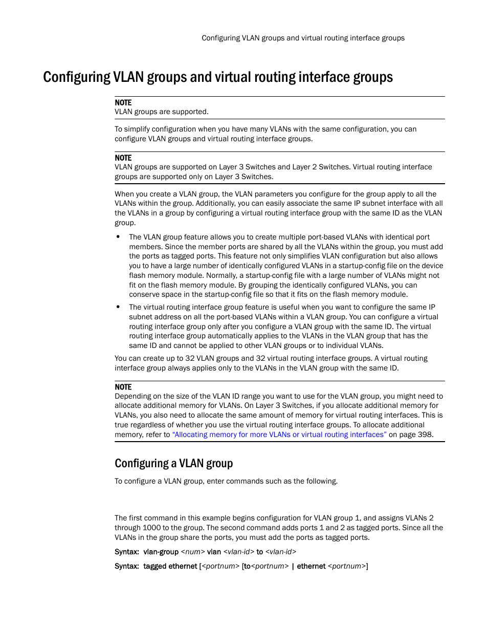 Configuring a vlan group, Groups, Configuring vlan groups and virtual | Routing interface groups | Brocade TurboIron 24X Series Configuration Guide User Manual | Page 429 / 1116