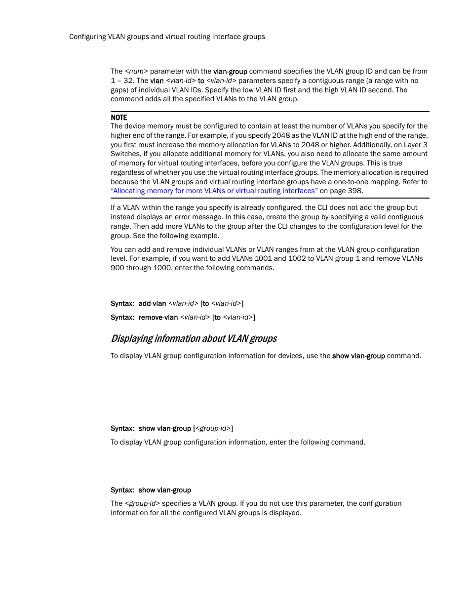 Displaying information about vlan groups | Brocade TurboIron 24X Series Configuration Guide User Manual | Page 430 / 1116