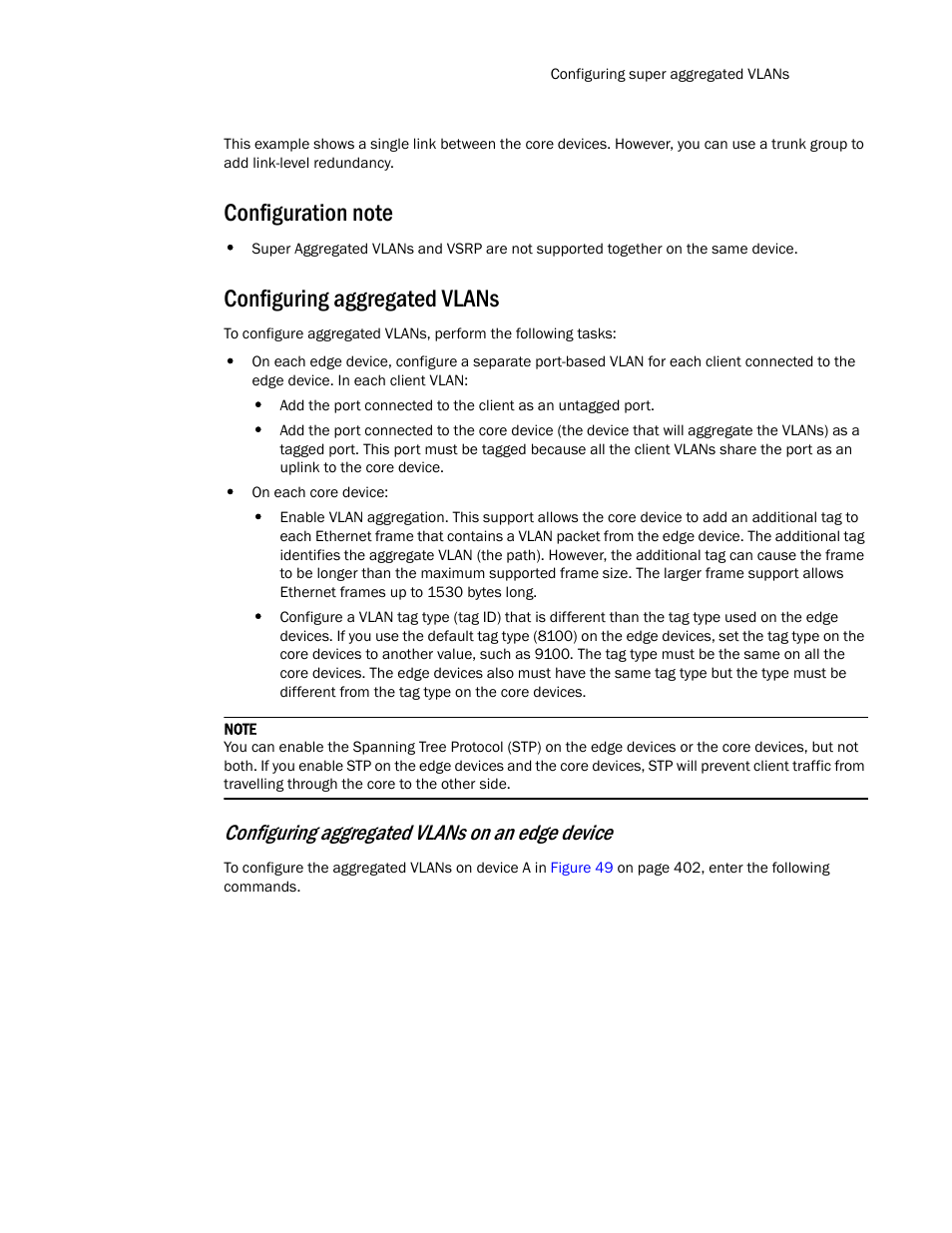 Configuration note, Configuring aggregated vlans, Configuring aggregated vlans on an edge device | Brocade TurboIron 24X Series Configuration Guide User Manual | Page 437 / 1116