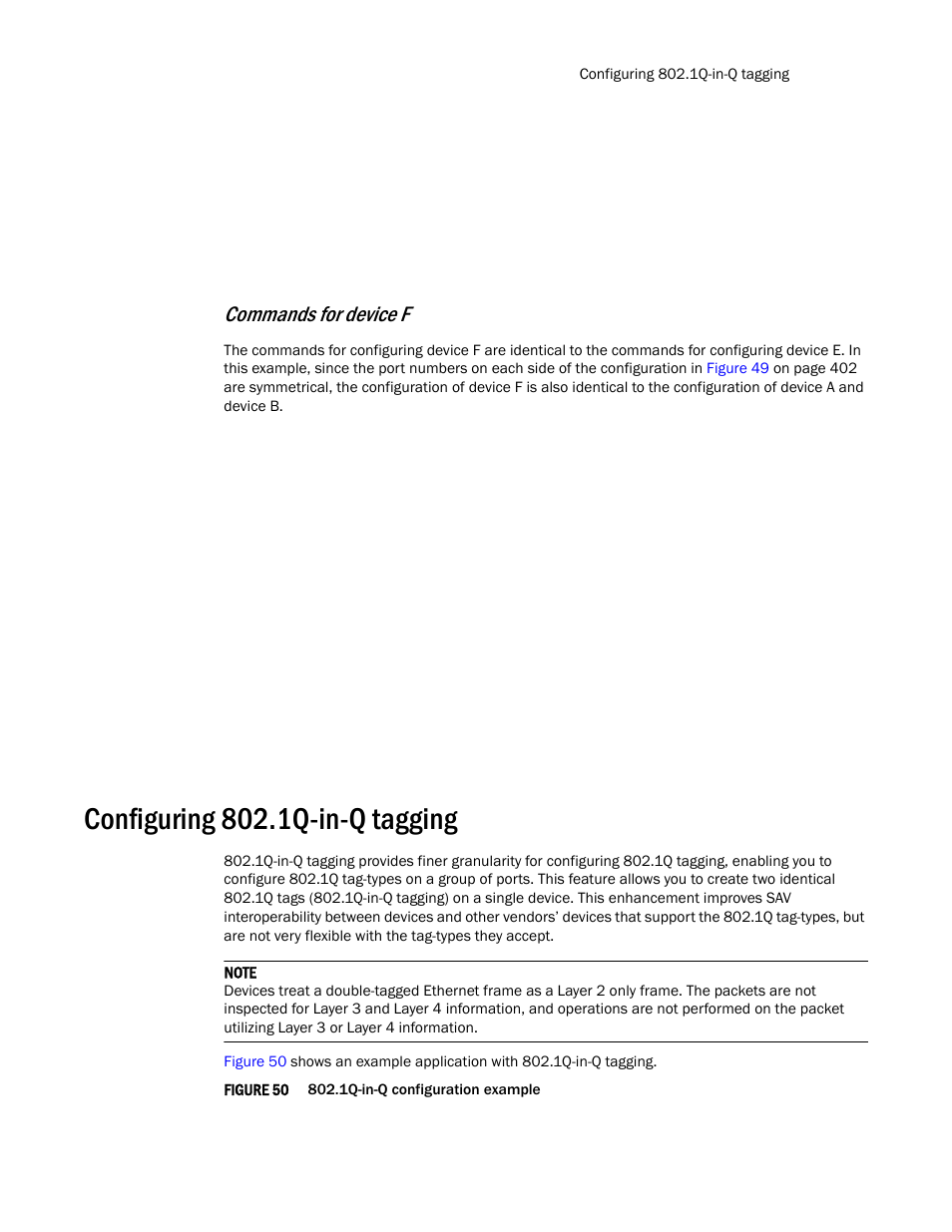 Configuring 802.1q-in-q tagging, Commands for device f | Brocade TurboIron 24X Series Configuration Guide User Manual | Page 441 / 1116