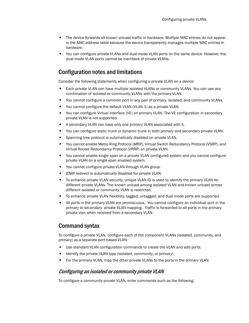 Configuration notes and limitations, Command syntax, Configuring an isolated or community private vlan | Brocade TurboIron 24X Series Configuration Guide User Manual | Page 447 / 1116