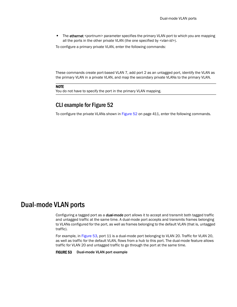 Cli example for figure 52, Dual-mode vlan ports | Brocade TurboIron 24X Series Configuration Guide User Manual | Page 449 / 1116