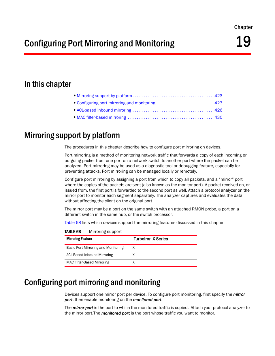 Configuring port mirroring and monitoring, Mirroring support by platform, Chapter 19 | Brocade TurboIron 24X Series Configuration Guide User Manual | Page 457 / 1116