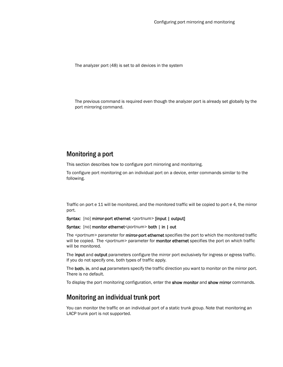 Monitoring a port, Monitoring an individual trunk port | Brocade TurboIron 24X Series Configuration Guide User Manual | Page 459 / 1116