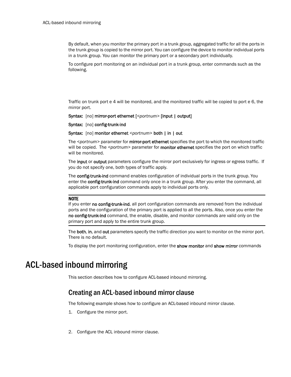 Acl-based inbound mirroring, Creating an acl-based inbound mirror clause | Brocade TurboIron 24X Series Configuration Guide User Manual | Page 460 / 1116