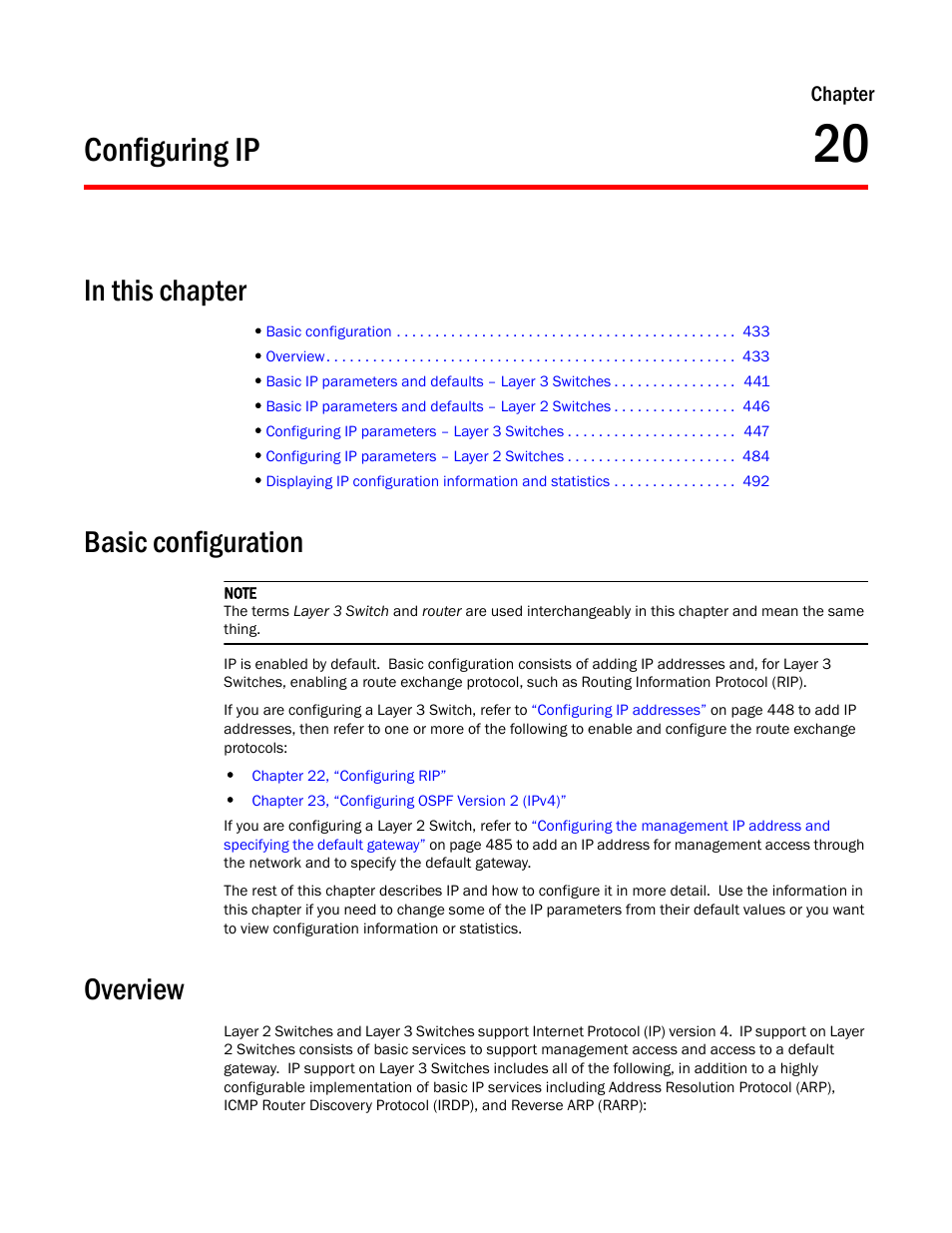Configuring ip, Basic configuration, Overview | Chapter 20, Chapter 20, “configuring ip | Brocade TurboIron 24X Series Configuration Guide User Manual | Page 467 / 1116