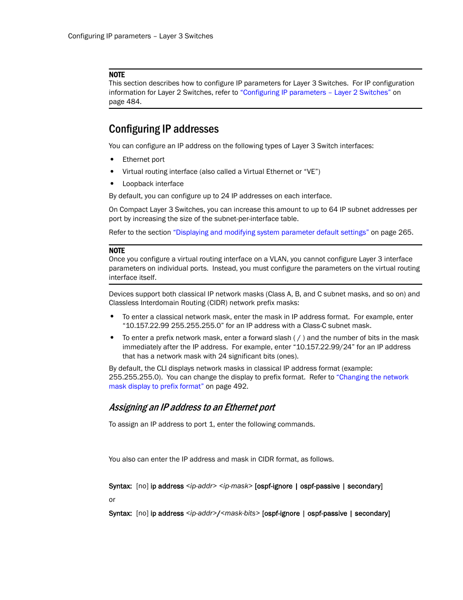 Configuring ip addresses, Assigning an ip address to an ethernet port | Brocade TurboIron 24X Series Configuration Guide User Manual | Page 482 / 1116
