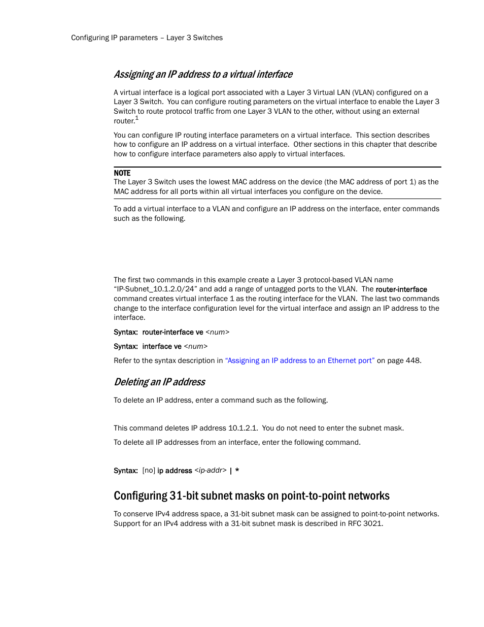 Assigning an ip address to a virtual interface, Deleting an ip address | Brocade TurboIron 24X Series Configuration Guide User Manual | Page 484 / 1116