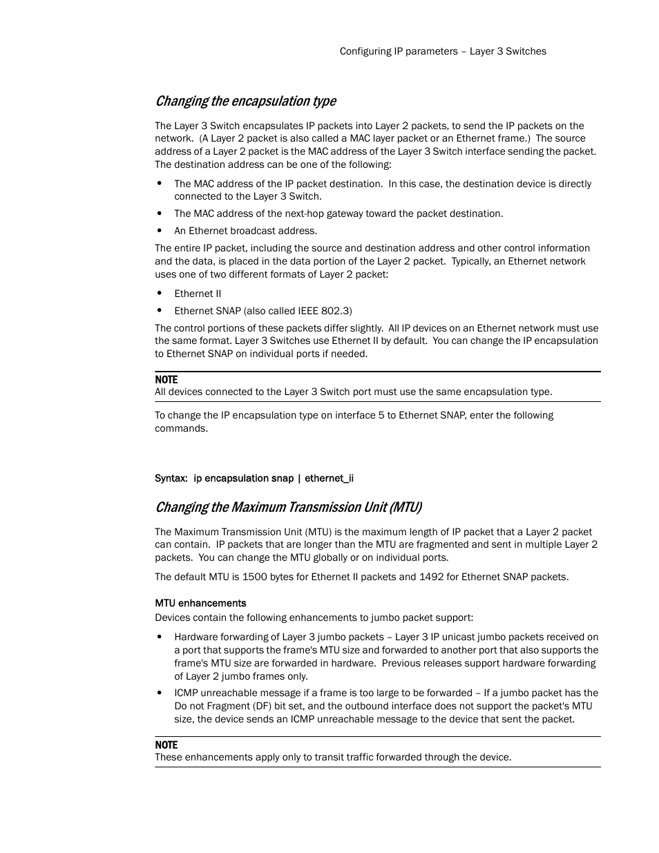 Changing the encapsulation type, Changing the maximum transmission unit (mtu) | Brocade TurboIron 24X Series Configuration Guide User Manual | Page 487 / 1116