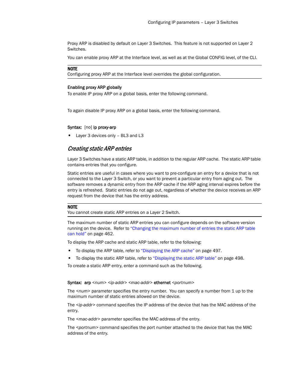 Creating static arp entries | Brocade TurboIron 24X Series Configuration Guide User Manual | Page 495 / 1116