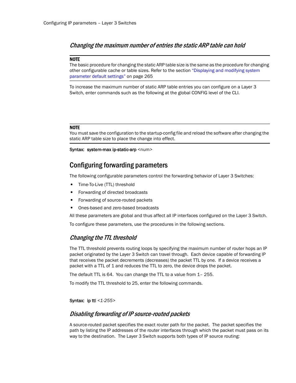 Configuring forwarding parameters, Static entries, Can hold | Changing the ttl threshold, Disabling forwarding of ip source-routed packets | Brocade TurboIron 24X Series Configuration Guide User Manual | Page 496 / 1116