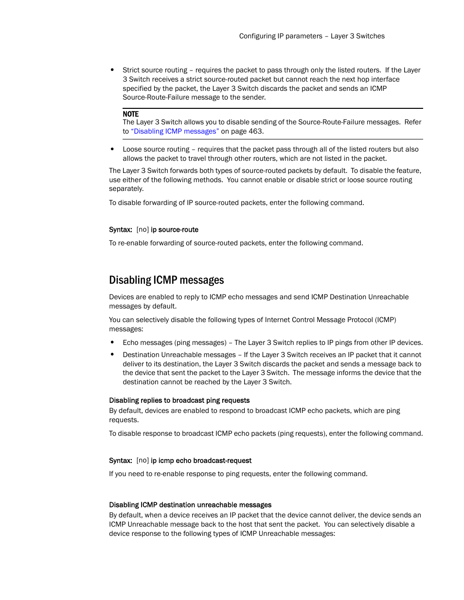 Disabling icmp messages | Brocade TurboIron 24X Series Configuration Guide User Manual | Page 497 / 1116