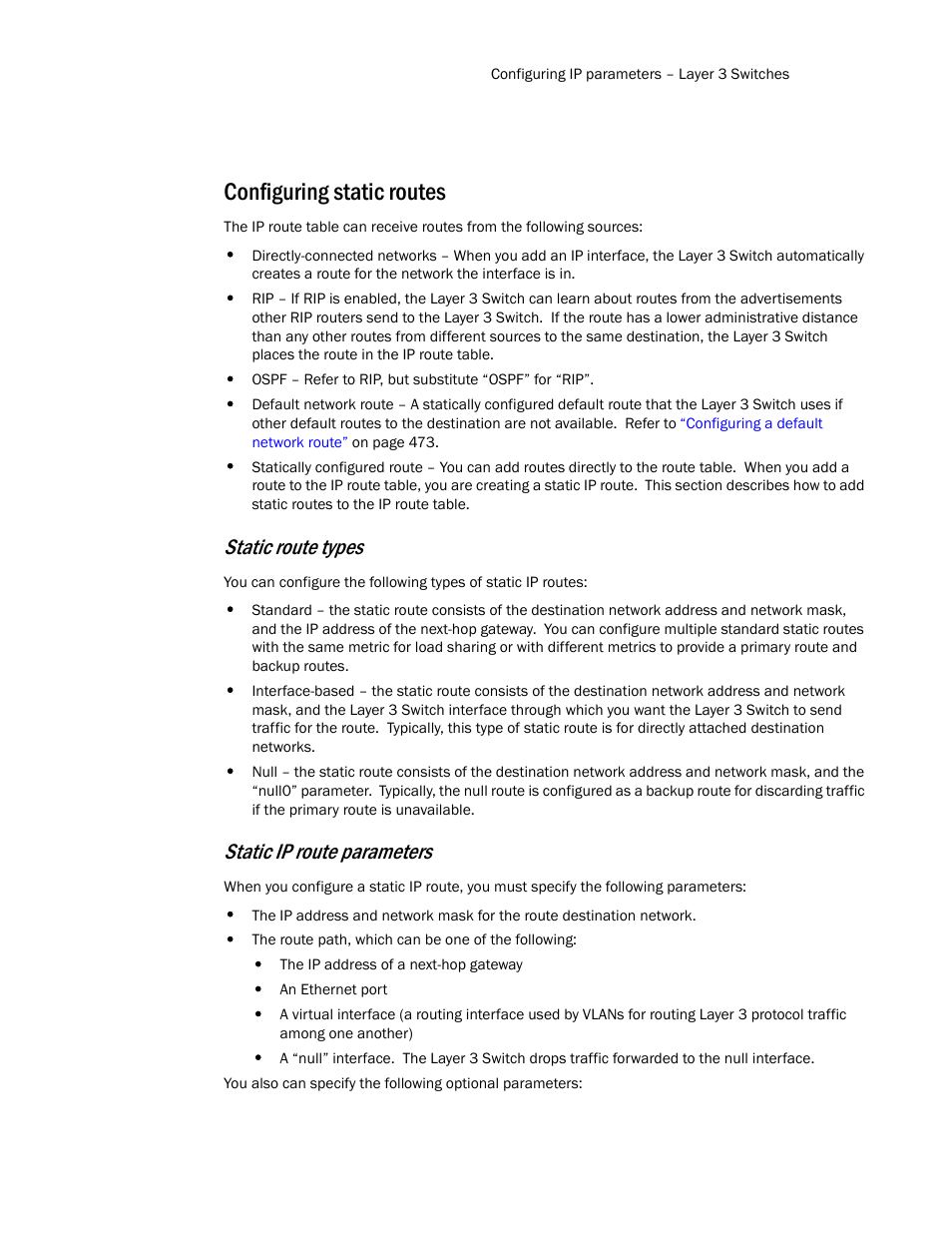 Configuring static routes, Configuring static, Routes | Static route types, Static ip route parameters | Brocade TurboIron 24X Series Configuration Guide User Manual | Page 499 / 1116