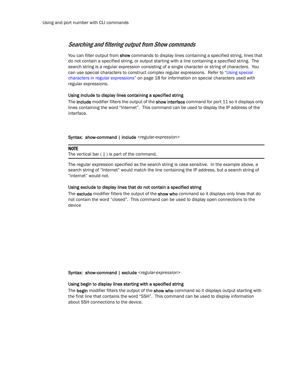 Searching and filtering output from show commands | Brocade TurboIron 24X Series Configuration Guide User Manual | Page 50 / 1116