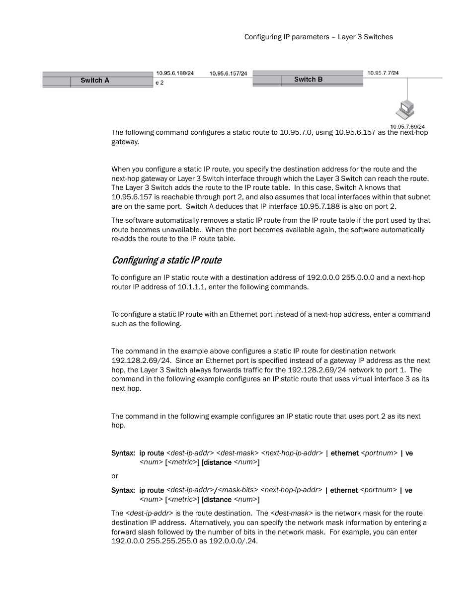 Configuring a static ip route | Brocade TurboIron 24X Series Configuration Guide User Manual | Page 501 / 1116