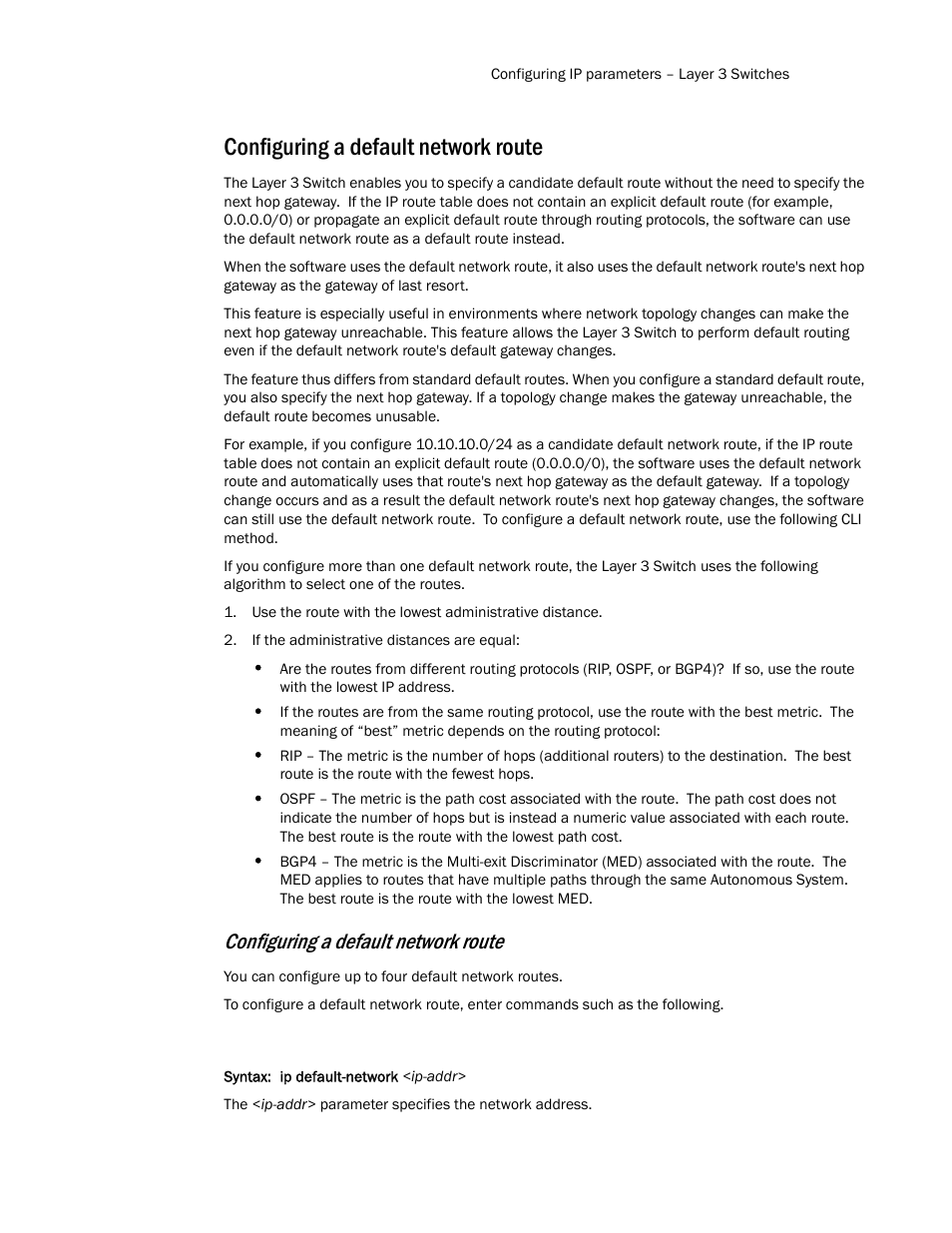Configuring a default network route, Configuring a default, Network route | Brocade TurboIron 24X Series Configuration Guide User Manual | Page 507 / 1116