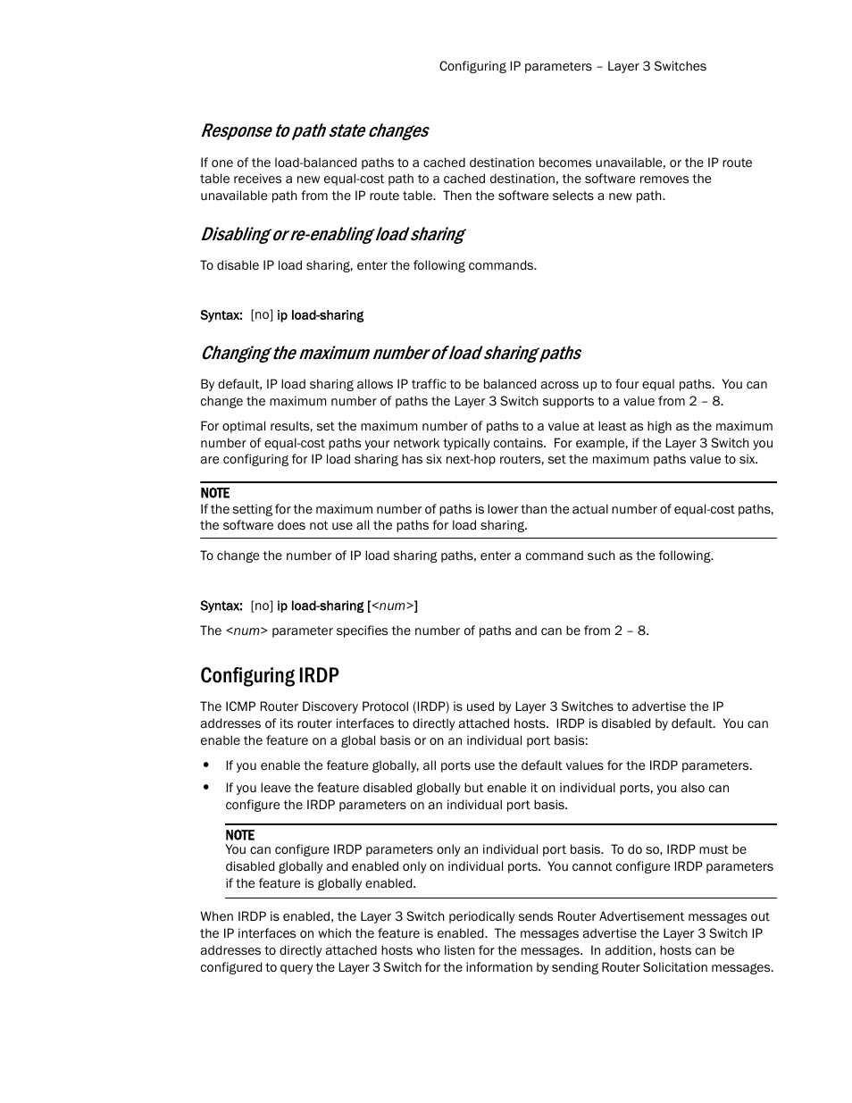 Configuring irdp, Response to path state changes, Disabling or re-enabling load sharing | Changing the maximum number of load sharing paths | Brocade TurboIron 24X Series Configuration Guide User Manual | Page 511 / 1116