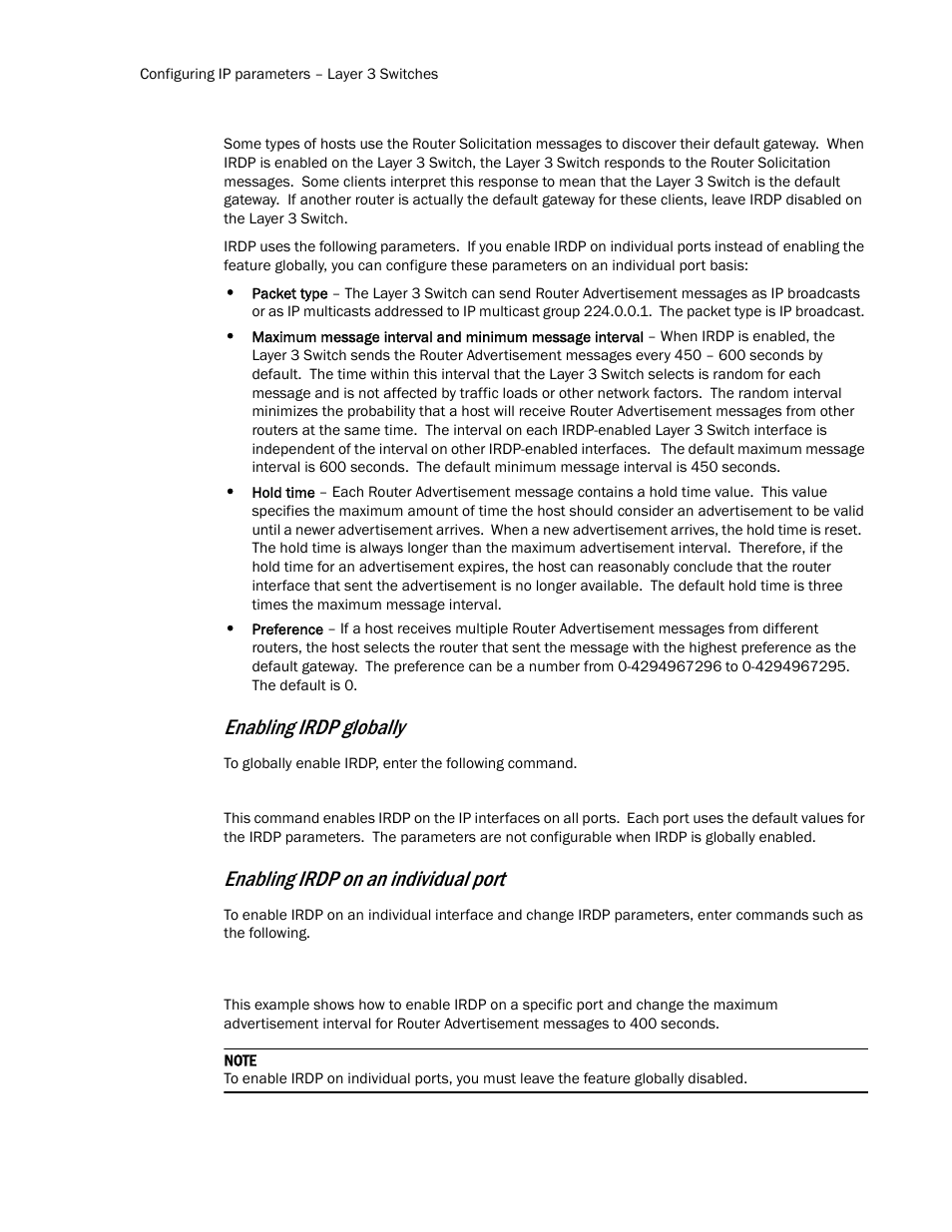 Enabling irdp globally, Enabling irdp on an individual port | Brocade TurboIron 24X Series Configuration Guide User Manual | Page 512 / 1116