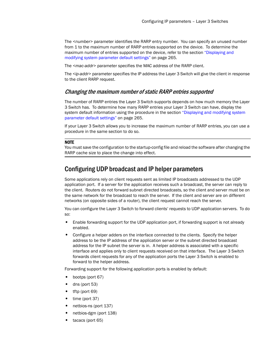 Configuring udp broadcast and ip helper parameters | Brocade TurboIron 24X Series Configuration Guide User Manual | Page 515 / 1116