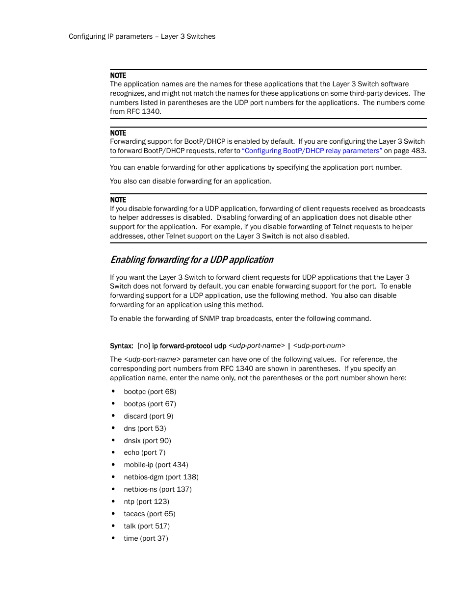 Enabling forwarding for a udp application | Brocade TurboIron 24X Series Configuration Guide User Manual | Page 516 / 1116