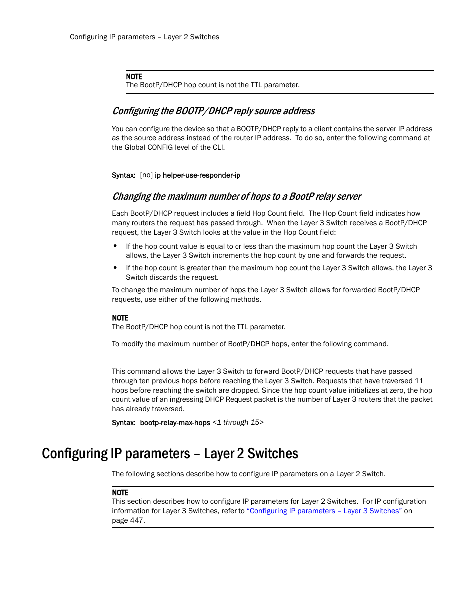 Configuring ip parameters – layer 2 switches, Configuring the bootp/dhcp reply source address | Brocade TurboIron 24X Series Configuration Guide User Manual | Page 518 / 1116