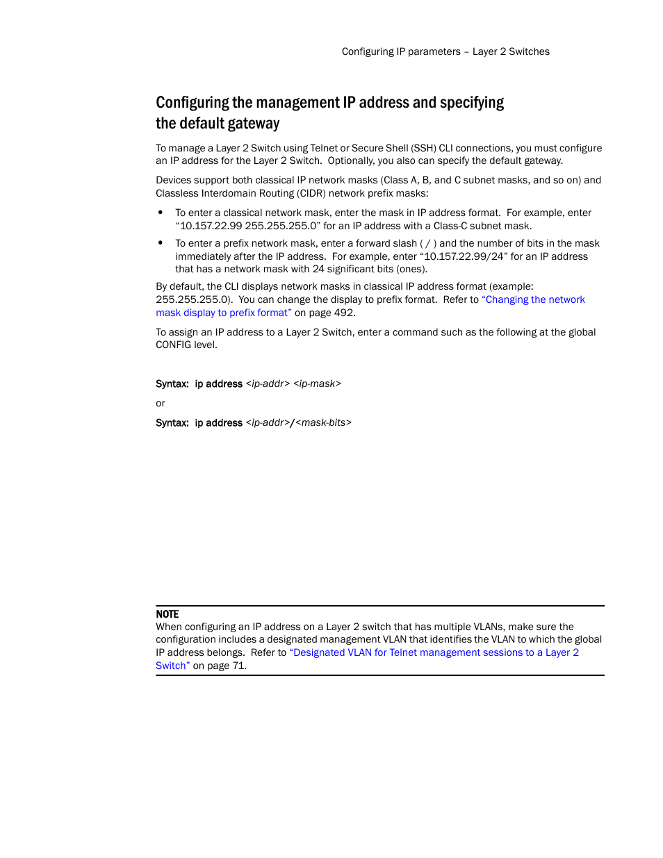Configuring the management ip address and, Specifying the default gateway | Brocade TurboIron 24X Series Configuration Guide User Manual | Page 519 / 1116