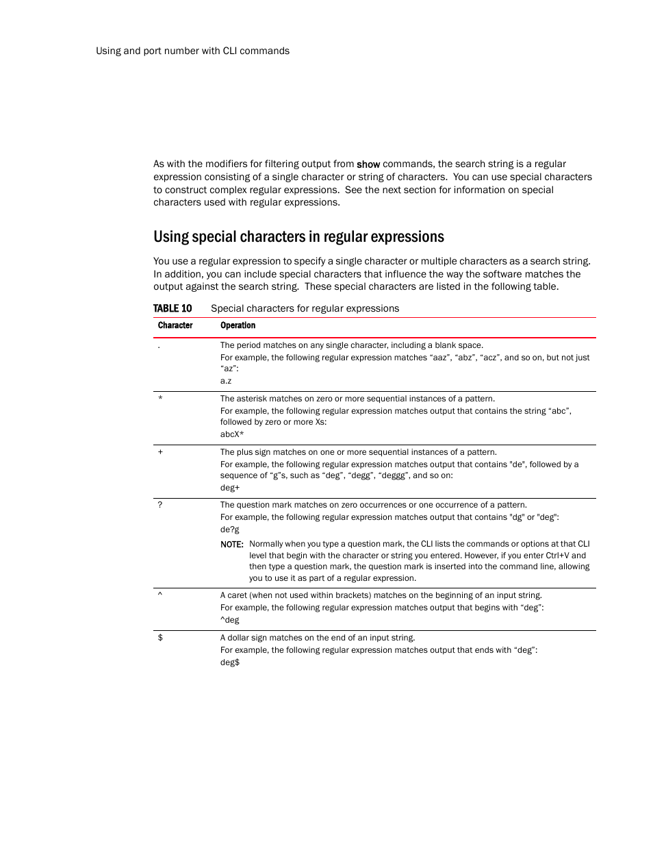 Using special characters in regular expressions, Using special, Characters in regular expressions | Brocade TurboIron 24X Series Configuration Guide User Manual | Page 52 / 1116