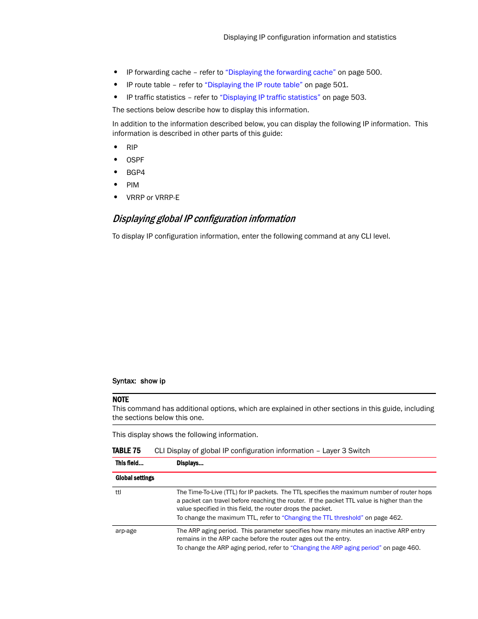 Displaying global ip, Configuration information, Displaying global ip configuration information | Brocade TurboIron 24X Series Configuration Guide User Manual | Page 527 / 1116