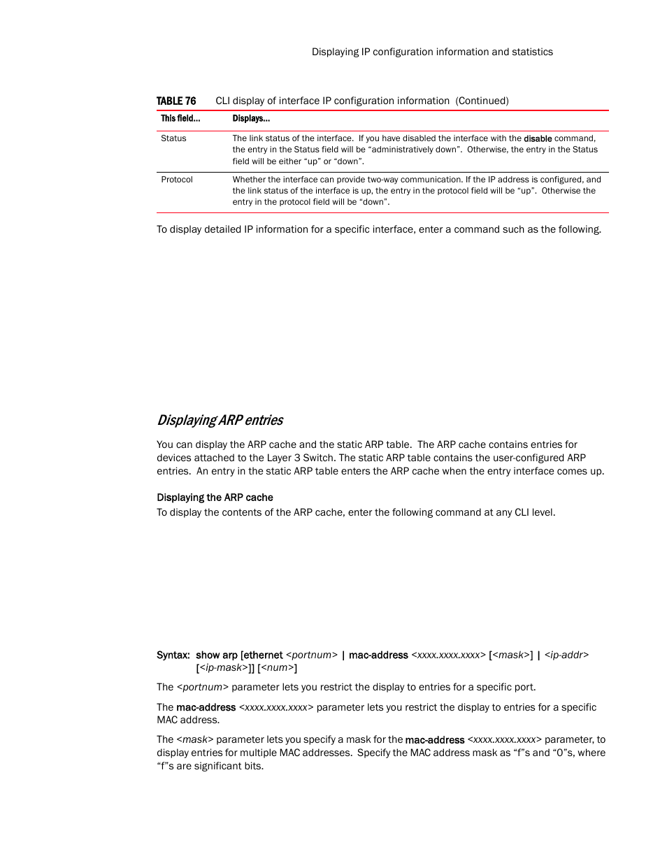 Displaying the arp cache, Displaying arp entries | Brocade TurboIron 24X Series Configuration Guide User Manual | Page 531 / 1116