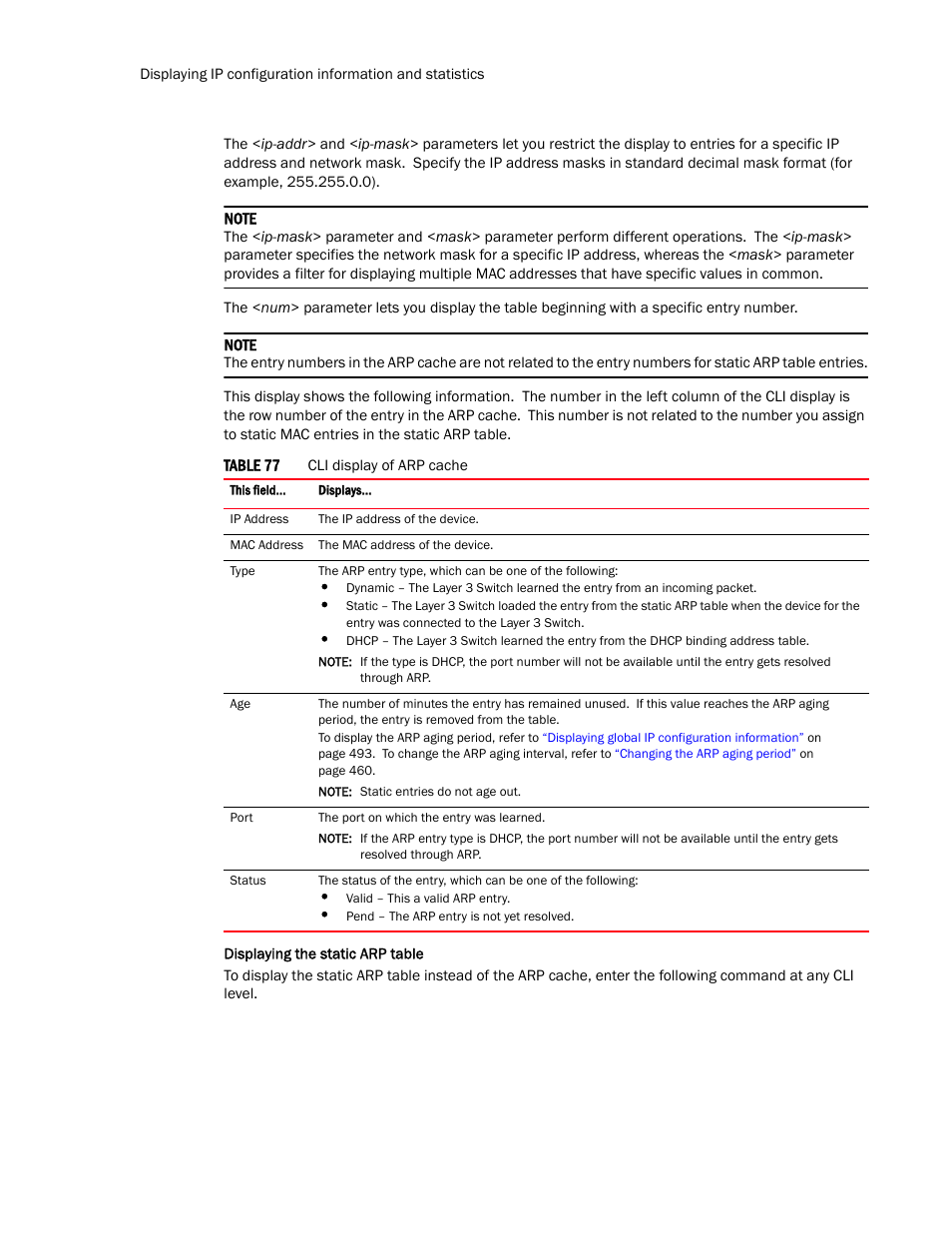 Displaying the static arp table | Brocade TurboIron 24X Series Configuration Guide User Manual | Page 532 / 1116