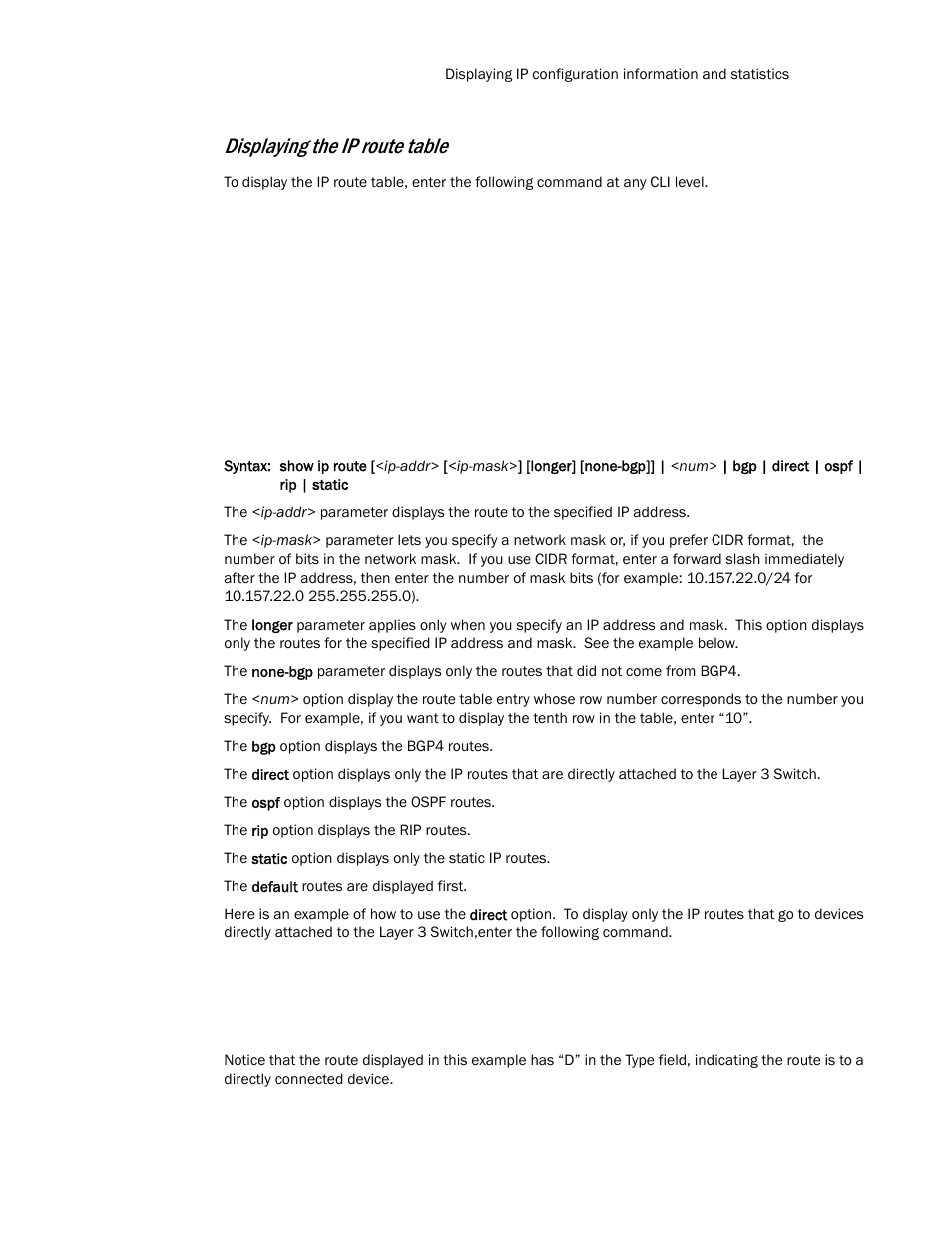 Displaying the ip route table | Brocade TurboIron 24X Series Configuration Guide User Manual | Page 535 / 1116