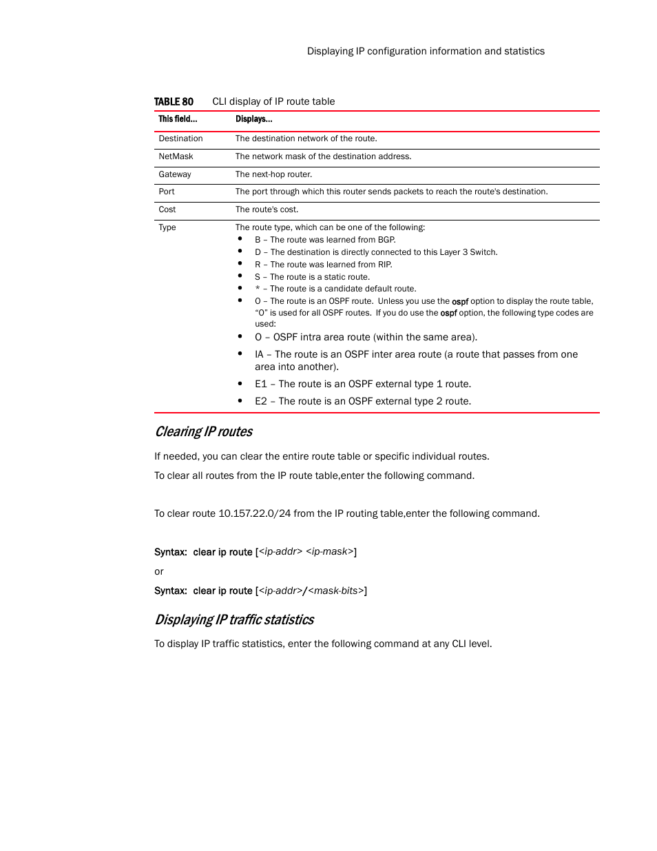 Clearing ip routes, Displaying ip traffic statistics | Brocade TurboIron 24X Series Configuration Guide User Manual | Page 537 / 1116