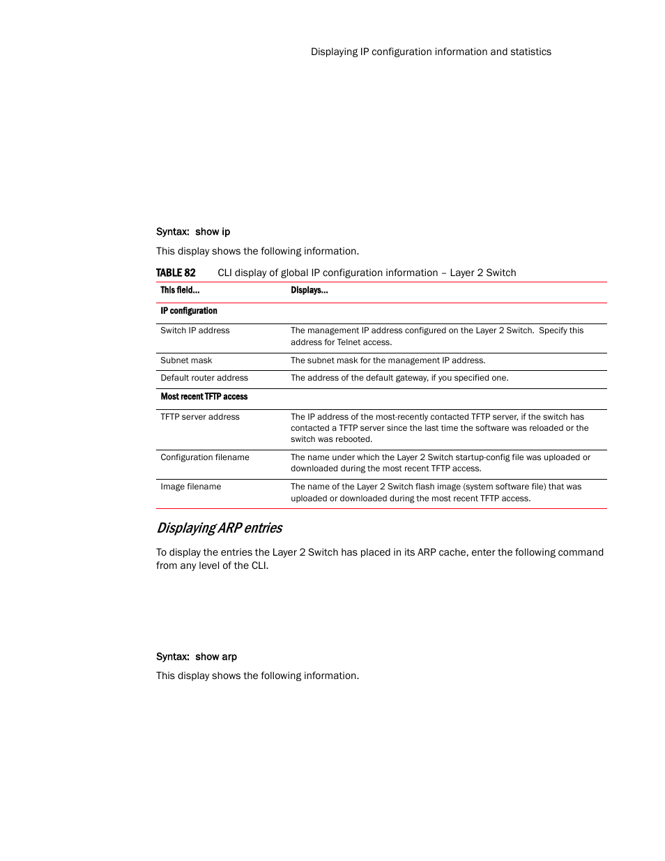 Displaying arp entries | Brocade TurboIron 24X Series Configuration Guide User Manual | Page 541 / 1116