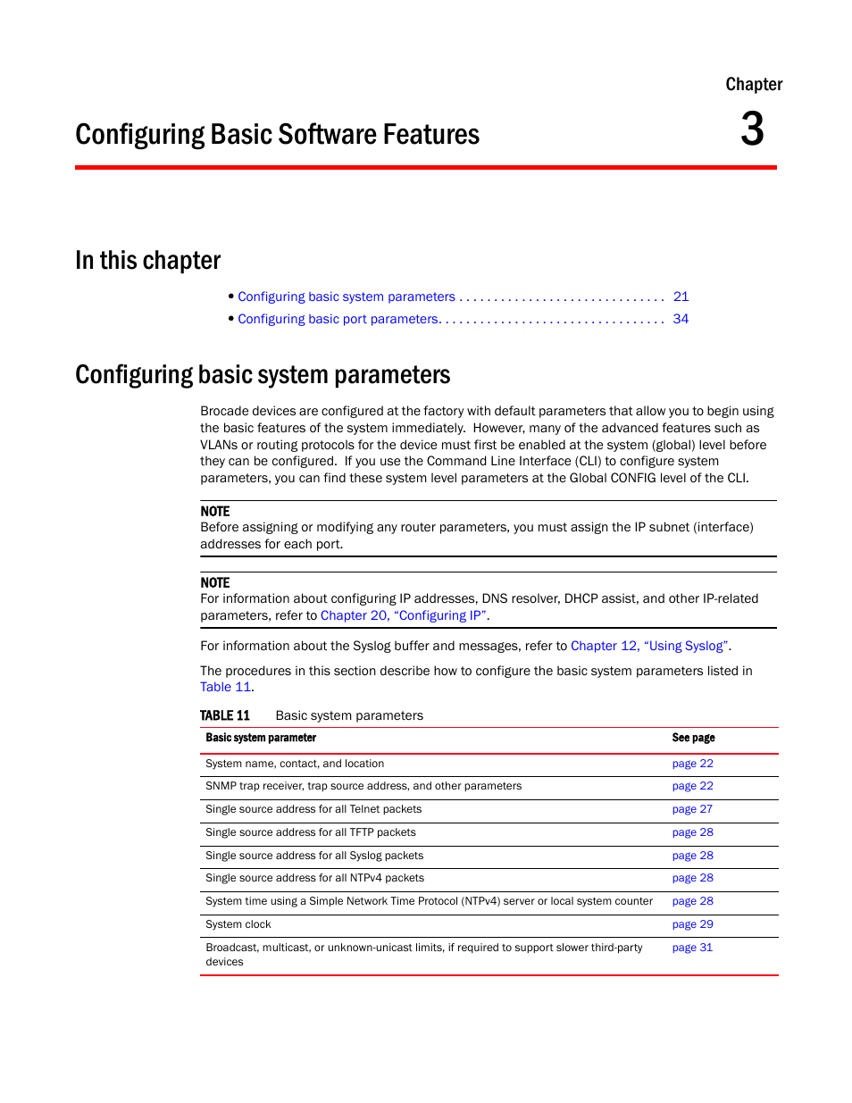 Configuring basic software features, Configuring basic system parameters, Chapter 3 | Chapter | Brocade TurboIron 24X Series Configuration Guide User Manual | Page 55 / 1116