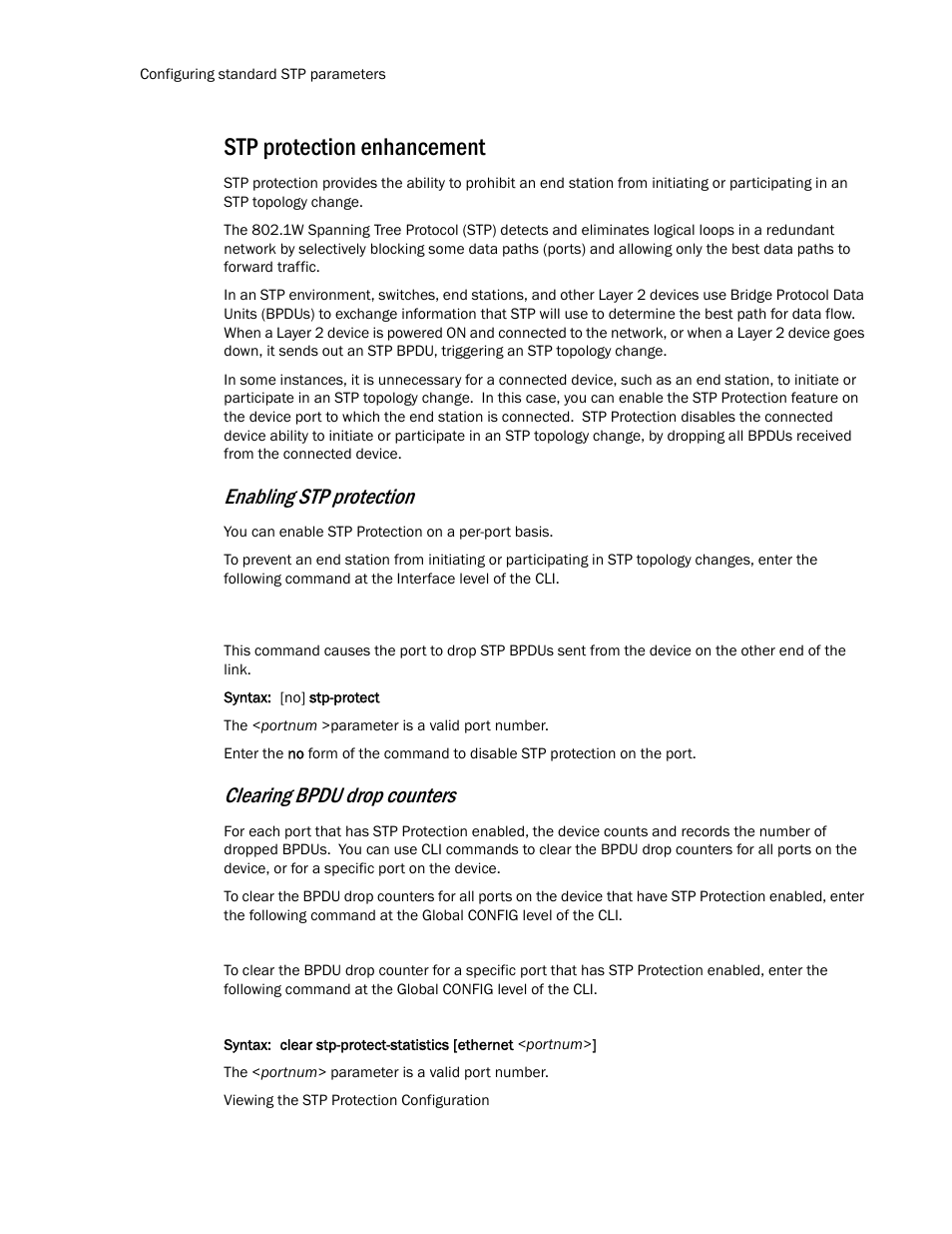 Stp protection enhancement, Enabling stp protection, Clearing bpdu drop counters | Brocade TurboIron 24X Series Configuration Guide User Manual | Page 550 / 1116