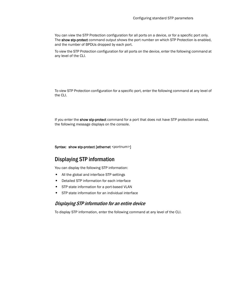 Displaying stp information, Displaying stp information for an entire device | Brocade TurboIron 24X Series Configuration Guide User Manual | Page 551 / 1116