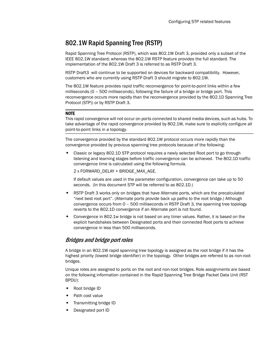 1w rapid spanning tree (rstp), Bridges and bridge port roles | Brocade TurboIron 24X Series Configuration Guide User Manual | Page 559 / 1116